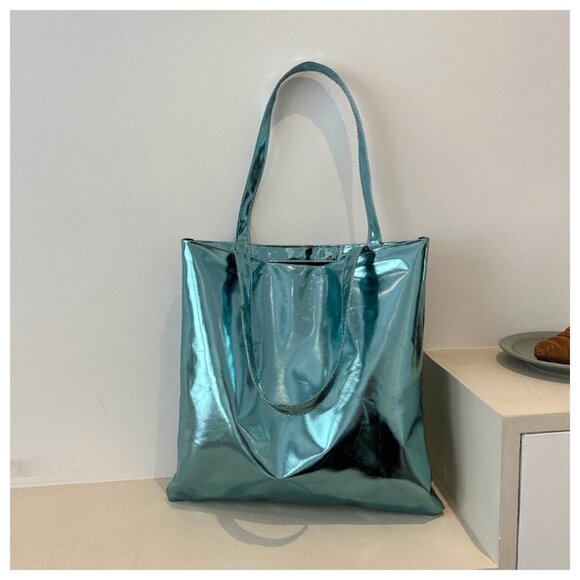 Women's Large PU Leather Square Zipper Tote Bag Metallic Blue - Picture 1 of 7